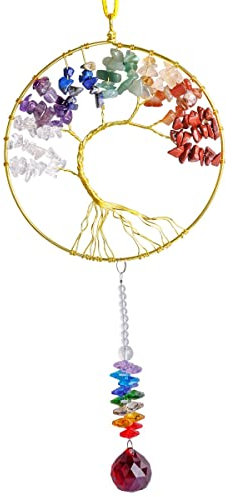Nupuyai 44cm 7 Chakras Pierres Naturelles Capteur de Soleil à Suspendre de Arbre de Vie pour Mur, Ornement Suspendu en Pierre Semi Précieuse pour Fenêtre Jardin Arc-en-Ciel Fabricant Décor de Maison