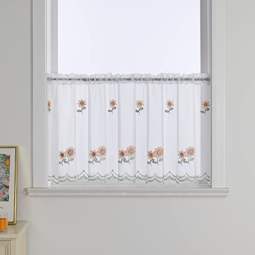Delien Scheibengardine Voile Bistrogardinen mit Tunnelzug Küchen Kurzstore Stickerei »Sonnenblume« Transparente Durchstangenzug Stores Gardine Landhaus Kurzvorhang BxH 90x130cm