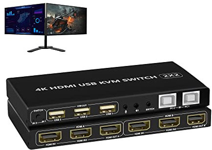 Dual Monitor KVM Switch 4K@60Hz 2 Port Extended Display, Dual Monitor KVM Switch 2 in 2 Out mit Audio Mikrofon Ausgang und 3 USB 2.0 Hub, 2 HDMI Monitore 2 Computer Dual Monitor Switch