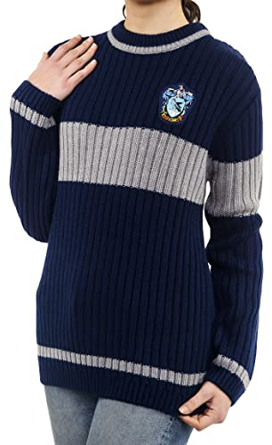 Harry Potter Ravenclaw Quidditch Pullover: Hogwarts Haus Ravenclaw Quidditch Uniform Nachbildung Rippstich Strickpullover Rundhals für Damen und Herren, blau / silber, S