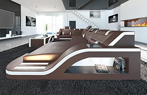 Wohnlandschaft Palermo Sofa U Form Ledersofa - mit LED Beleuchtung, verstellbare Kopfstützen, Recamiere/Lederfarben wählbar/Ausrichtung wählbar (Ottomane rechts, Dunkelbraun-Weiß)