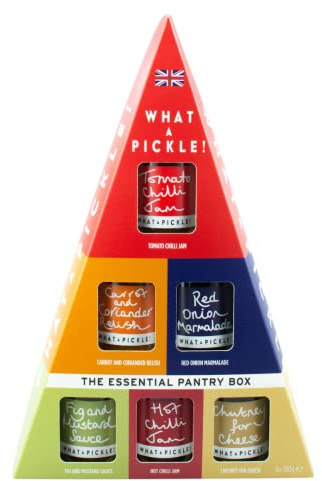What A Pickle - Essential Pantry Box (6 x 100g) Gluten Free & Vegan, Tomato Chilli Jam, Carrot & Coriander Relish, Red Onion Marmalade, Fig & Mustard Sauce, Hot Chilli Jam, Chutney for Cheese
