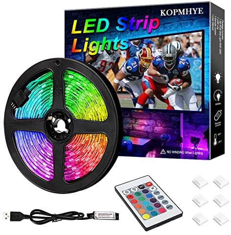 KOPMHYE 3M RGB LED Strips Light, IP65 Waterproof Coloured USB TV Backlights with Remote, 180 LEDs Multi Color Tape Lights for HDTV, 10ft 16 Colour Changing Bias Lighting for Laptop Background