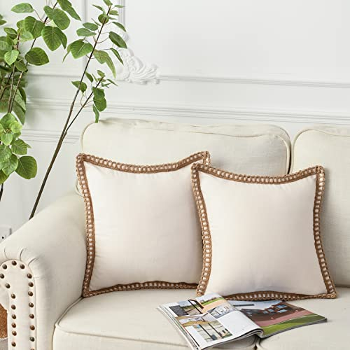 LIGICKY 2er Set Bauernhaus Dekorative Kissenbezug Leinen Getrimmt Weich Kissenhülle Quadratische Kissenbezüge Deko Kissen Sofakissen für Wohnzimmer Couch Schlafzimmer Auto, Beige 50 x 50 cm