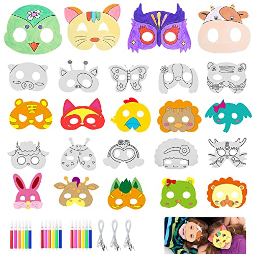 24 Masken für Kinder Tiermasken Blanko Bemalen Masken mit Bungee-Strings und 18 Farbigen Aquarell-Pinsel, zum selbst Bemalen und Gestalten, für Kinder Mädchen Junge Kindergeburtstage Cosplay