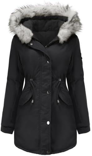 Tuopuda Winterjacke Damen Lang Wintermantel Warm Winter Jacke mit Kapuze Reißverschluss Parka Fleece Gefüttert Mantel Langarm Hooded Jacket Schwarz Kapuzenjacke
