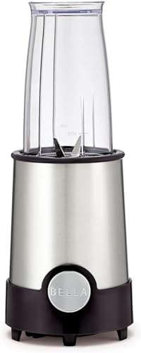BELLA Batidora Rocket de tamaño personal, perfecta para batidos, smoothies y bebidas saludables, fácil a la hora de triturar y picar, base de 285 vatios de potencia, 12 piezas, acero inoxidable/negro