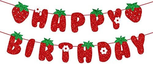 BIEUFBJI Erdbeere Happy Birthday Banner, Glitzer Erdbeere Banner, Erdbeere Thema Geburtstag Girlande für Geburtstagsfeier Hängende Dekorationen