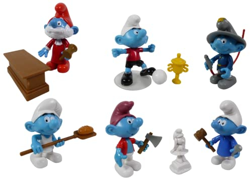 OPO 10 - Lotto di 6 Figurine articolate/Accessori puffi: Pompiere + Calciatore + Panettiere + Giudice + scultore + Boscaiolo / CS25