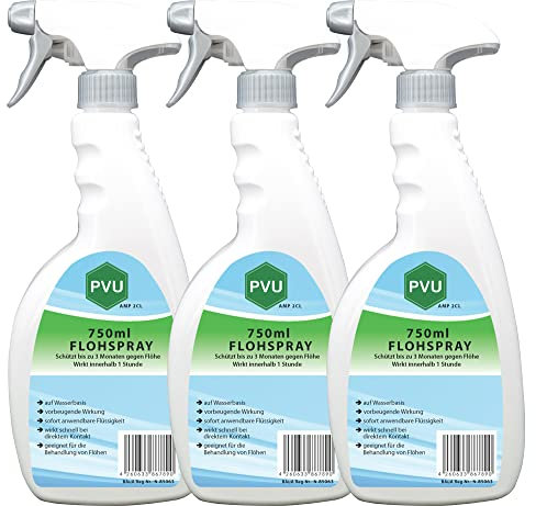 Pvu Floh Spray 3x750ml - Langzeitwirkung gegen Flöhe & Tierflöhe Innen und Außen auf Wasserbasis