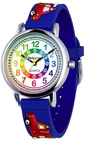 Delycazy Kinderuhr Mädchen Junge, Kinder Armbanduhr lernuhr Analoge kinderuhr Lern Armbanduhr mit Zeitlernübungen, Hochwertigem Quarzwerk Dunkelblau