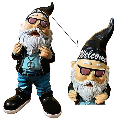 SEWAS Gartenzwerg Rocker Welcome, handbemalt und wetterfest aus hochwertigem Kunstharz, mit Willkommensgruß, 1x Dekofigur