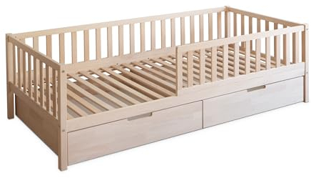 Ehrenkind® Kinderbett Buche | FSC Zertifiziert | Kinderbett mit Rausfallschutz | Massivholz inkl. Lattenrost | 200x90cm Natur mit Doppelschublade | Bett 90x200 | Rausfallschutz Bett | Kinder Bett
