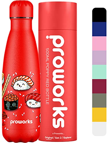 PROWORKS Bouteille d'eau Isotherme, sans BPA, Gourde INOX Reutilisable pour Maintien Chaud de 12 Heures & du Froid Jusqu’à 24 Heures, Sport, Gym, Voyage 500ml - Coquelicot Rouge - Super Sushi
