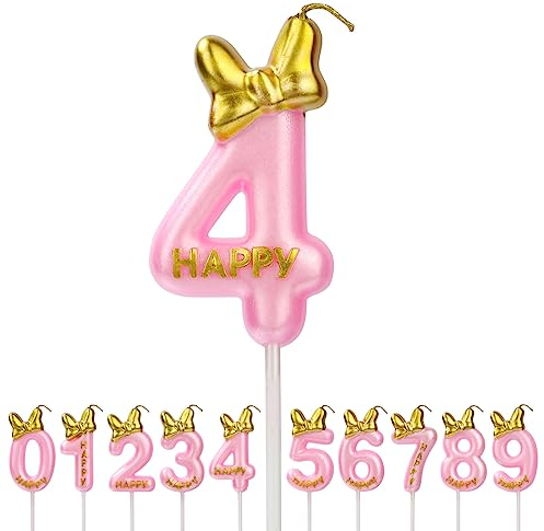 Aomig Geburtstagskerzen Zahlen, Rosa Geburtstagskerze Zahlen für Torte , Zahlenkerze Kerzen Mädchen Geburtstag Kuchendeko Tortendekoration für Geburtstagsfeier Party (Zahl 4)