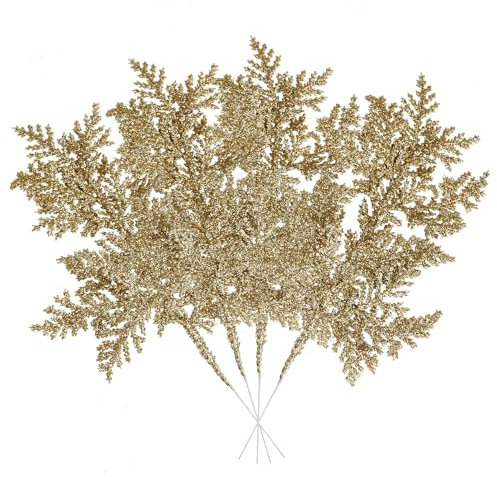 VEYLIN 10 Pcs Artificial Christmas Leaves Picks, Gold Glitter Branches for Xmas Tree Wreath Festival Decoration