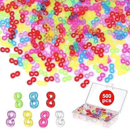 Ormromra 500 Pcs Loom Bands S Clips, DIY Colorful S Clasps, Rubber Band Plastic Connectors Clip, Refills Kit Loom Band Hooks for Craft Making DIY, Jewelry Accessories, Bracelet Connector Weaving