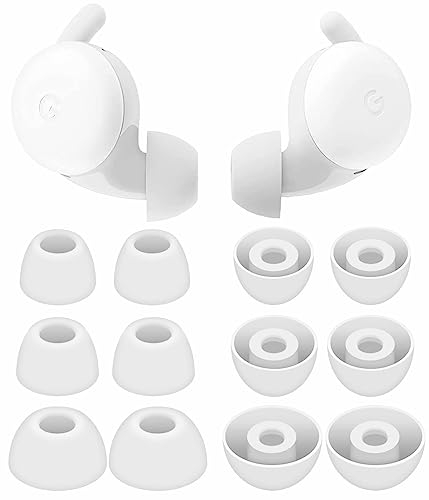 6 Paar Kompatibel mit Pixel Buds A-Serie Ohrstöpsel, Ersatz Silikon Gummi Ohrhörer Gel Ohrstöpsel Flügel Fit in Case Zubehör Kompatibel mit Google Pixel Buds A Series - S/M/L Weiß