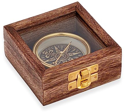 NKlaus Boussole 6cm Rose des Vents 3D Optique intérieure Laiton dans boîte en Bois Indicateur de Direction Maritim 14639