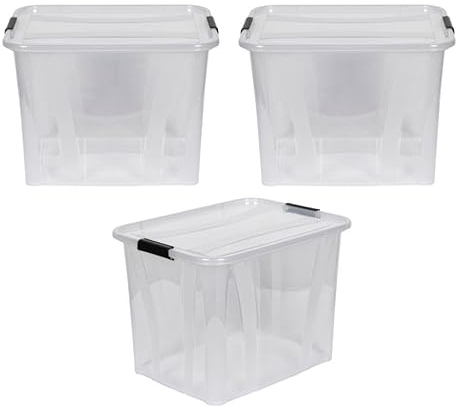 Kreher® XL Aufbewahrungsboxen mit Deckel aus Lebensmittel-geeignetem Kunststoff in Transparent. Stapelbare Lagerboxen für Haushalt, Garage, Industrie (55 Liter, 3er Set)