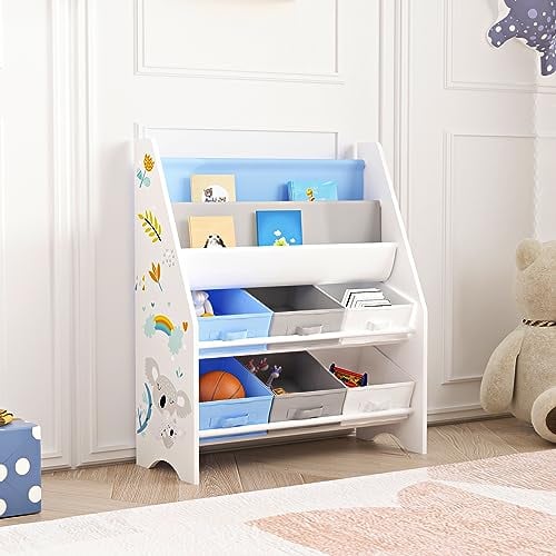 [en.casa] Kinderregal Ponteceso Bücherregal mit 2 Ablagefächern Spielzeugregal 6 Boxen Bücherkiste mit Koala-Motiv Weiß Grau Blau Kinderzimmer Organizer