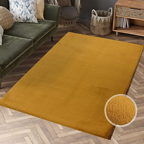 Hochflor Teppich Wohnzimmer - Einfarbig Amber, bernsteinfarbend - 200x290 cm - Super Soft Polyester, Samtig-Flauschiger Flor - Fell-Teppiche für Schlafzimmer, Esszimmer, Arbeitszimmer