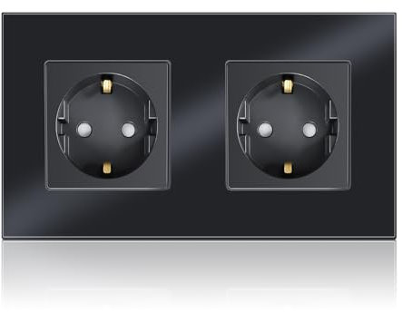 PANGTZEEN Schuko Steckdose 2 Fach Gehärtetem Glas Rahmen 157mm Doppel Wandsteckdose 16A Typ-F Unterputz Einbausteckdose Schwarz Für Schlafzimmer, Küche, Büro