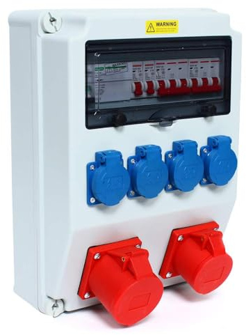 TESUGN Wandverteiler CEE + 1x16A + 1x32A + 4x230V FI Stromverteiler Innen und Außen Baustromverteiler Feuchtraumverteiler Komplett