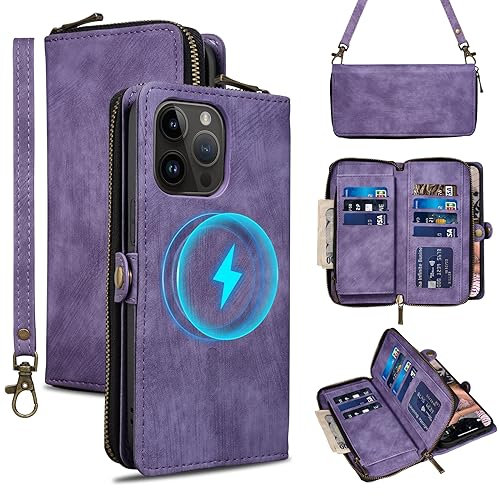 Rssviss Wallet Case for iPhone 12/12 Pro Case Crossbody with Card Holder Wrist Strap, Flip Zipper Case Compatible with Magsafe, RFID Blocking Purse Cover for iPhone 12 Pro Women Men 6.1 Purple