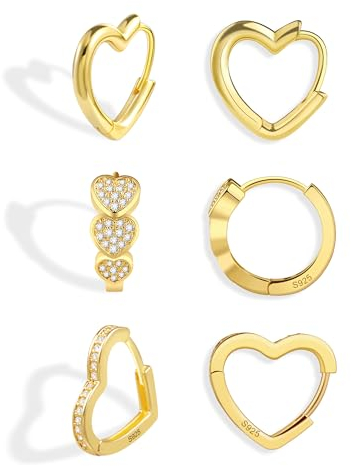 Ohrringe Gold Herz Creolen Set Damen, Ohrringe Herzförm Gold Set, Kleine Sterling Silber 925 Creolen Herz Glitz Ohrringe mit Zirkonia, Liebe Herz Creolen Huggies Kreolen Knorpel Gold Ohrringe, 3Paar