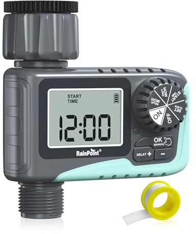 RAINPOINT Programador Riego Automatico, Temporizador de Riego Actualizado con Retraso por Lluvia/Riego Manual, Alto Flujo de Agua, para Césped y Jardín