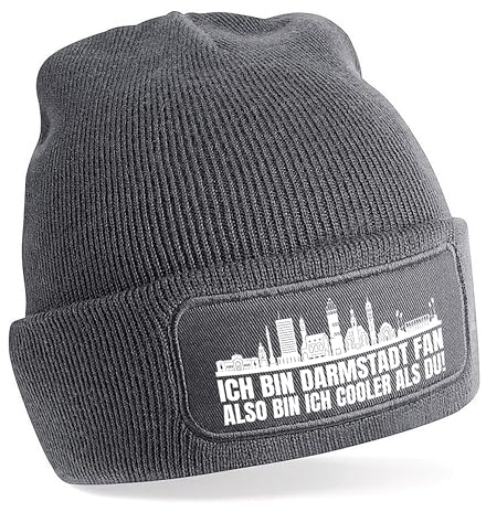 Beanie Strickmütze mit Spruch | Ich bin Darmstadt Fan also bin ich cooler als du! | grau | weiche und warme Fußball Mütze für Darmstadt Fan | Skyline | SoftTouch Einheitsgröße für Erwachsene