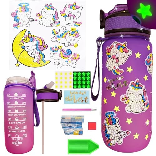 Wbesty Decorate Your Own Water Bottle Kits for Girls Age 4-12, Unicorn Diamond Painting with Star Glow in The Dark, Arts and Crafts Gifts for Girls Birthday Christmas(Unicorn)