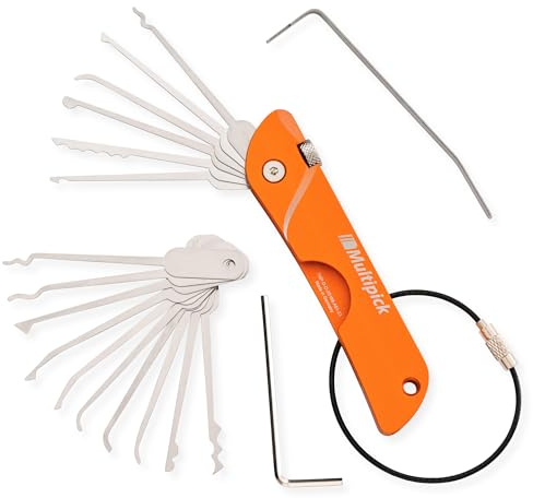 MULTIPICK Navaja de Bolsillo Naranja [7 herramientas | +10 cuchillas] Ganzua Suiza - Ganzuas - Lockpicking Set - Juego Ilaves Bumping - Ganzua de Arrastre - Ilaves Maestras para Abrir Cerraduras
