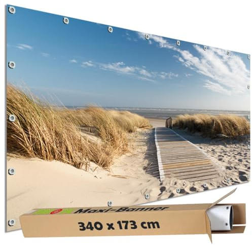 TRIOSK Große Motivplane Sichtschutz Zaunblende mit Motiv Dünenweg Meer Nordsee Strand Motivbanner Garten Deko Plane Blickdicht für Zaun Terrasse Gartenzaun Zaunplane PVC 340x173 cm