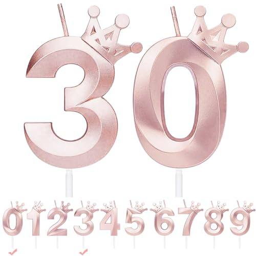 Geburtstagskerzen Zahlen 30,Roségold Geburtstag Kerzen mit Krone,3D Tortendeko,Geburtstagskerze Kuchendeko für Geburtstag Party,Jubiläum,Hochzeitstag (Roségold, 30)