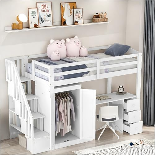 Hochbett 90x200 cm, Einzelbett, Kinderbett mit Schrank, Treppe, Schreibtisch und Kommode (Weiß, 90x200)