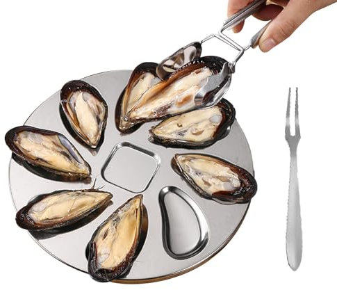 Vassoio ostrica – Vassoio per frutti di mare in acciaio inox | Vassoio a forma di ostrica con 8 scomparti, forchetta e pinza, 8 scomparti, per salsa di pesce e ostriche