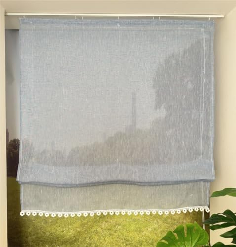Vordesack Leinenoptik Raffrollo mit Blumen-Kante Unifarbige Raffgardine mit Klettband Wohnzimmer halbtransparent Gardinenschal Küche Blau 1 Stück HxB 140x40cm