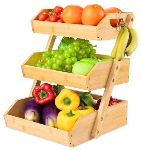 HDCORBETTS Corbeille à fruits en bambou à 3 étages amovible - Panier de service - Corbeille à fruits et support de présentation pour collations - Parfait pour les fruits, les légumes, les collations,