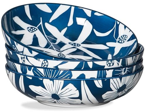 ONEMORE Pastaschalen aus Keramik, 4 Stück, 1020 ml, große flache Küchenschüsseln, Vintage-Design, blaues Blumenmuster, ofen-, mikrowellen-, spülmaschinenfest, kratzfest