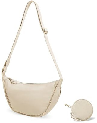 Konxi Damen Halbmond Crossbody Schultertasche, Hobo Halfmoon Bag, Nylon Crossbody Bag mit verstellbarer Schultergurt, Damen Halbmond Schultertasche mit Ein Münzgeldbeutel (Beige)