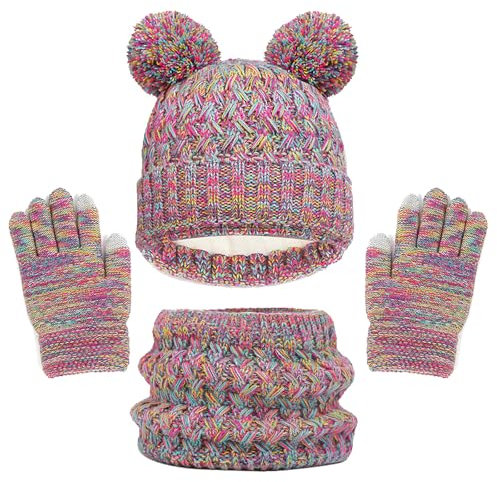 WANYI Mütze Schal Set Mädchen, Wintermütze Kinder Beanie Mütze Schal Handschuhe Set Mützen Jungen Warme Bommelmütze Strickmütze mit Weichem Innenfutter für Kinder 1-6 Jahre (B,Regenbogen Mix)
