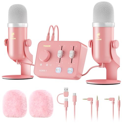 TONOR Microfono ASMR Equipment Bundle, Microfono a Doppio Condensatore con Interfaccia Audio, Audio 3D Immersivo, Suono Nitido, Controllo del Volume, Set per ASMR, Podcast, Registrazione, Rosa