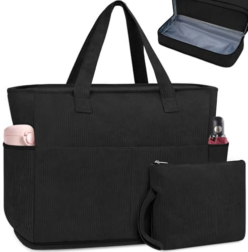 ENONEO Sac à Main Femme Grand Sac de Voyage Sac Velours Cotelé Sac Cabas Shopping Tote Bag Sac de Plage XXL Sac à Bandoulière avec Fermeture Éclair et Multi Poches pour Travail Voyages