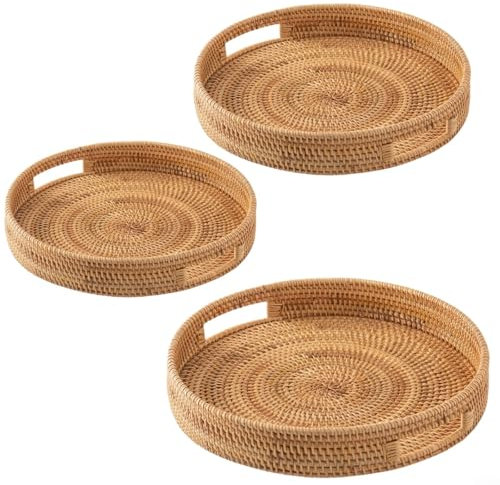 VRTYVEYBB Bandeja tejida de ratán natural, plato redondo para servir con asas para la cocina del hogar, cesta de almacenamiento decorativa rústica para mesa de café otomana, 3 tamaños, beige, 35 cm