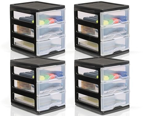 Hausfelder Schubladenschrank, Schubladencontainer, Schubladen Format A6, durchsichtige Schubladen, Büro, Wohnzimmer (A6, 4 Stk., Schwarz Transparent)