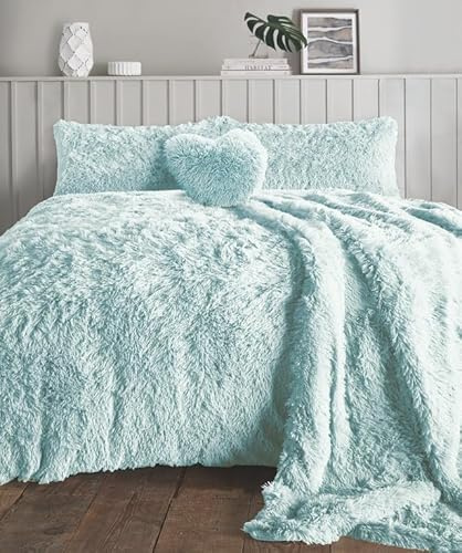 KARKARM Cuddle Plush Long Pile Teddy Fleece Fur King Size Duvet Cover Set – Sherpa Fleece Duvet Cover with 2 Pillow Cases – Soft Cosy Winter Shaggy Fluffy Bedding Quilt Covers Sets, Duck Egg