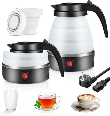 Bouilloire Pliable 0,6 L de Camping en Silicone avec Fond en Acier Inoxydable 304 - Portable avec 2 Gobelets Pliables pour Voyage