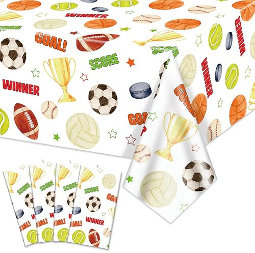 4 Pack Sport Geburtstag Party Dekorationen Sport Tischdecke Fußball Basketball Baseball Fußball Hockey Softball Volleyball für All Star Sports Themed Party Dekorationen, 130x220cm